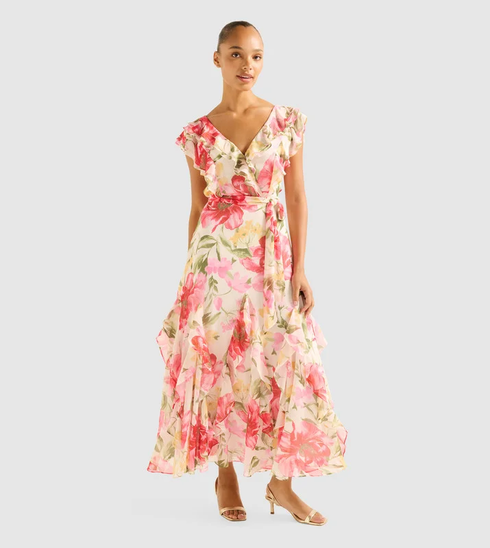 forever new  NAYA Printed Ruffle Maxi Dress for Women | Best Price UAE